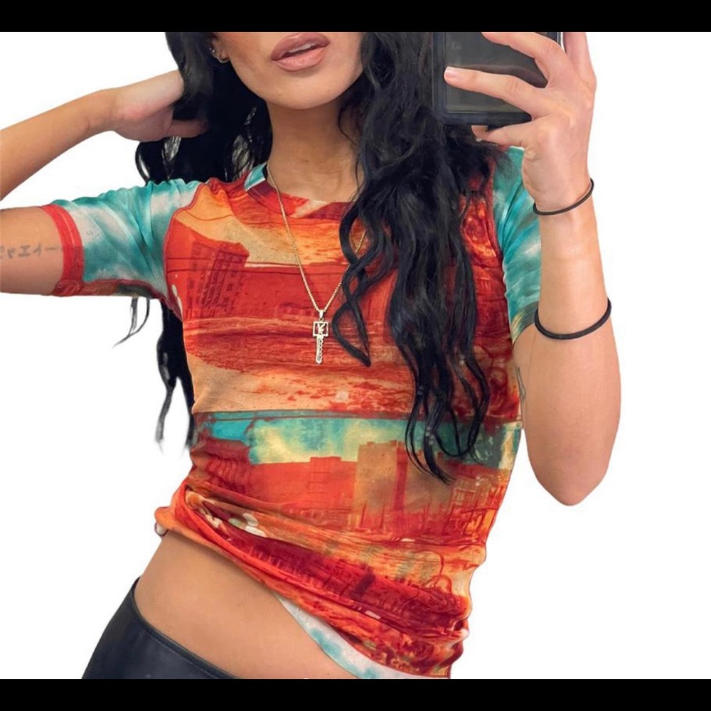 Jean Paul gaultier sheer mesh blue& orange top